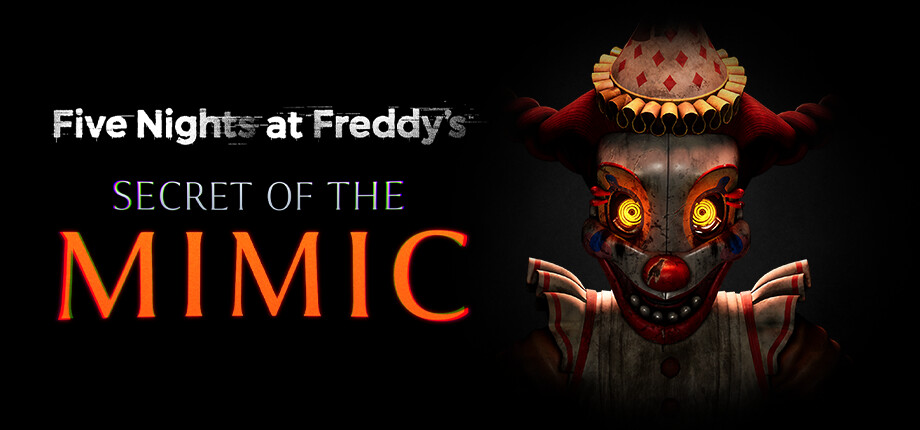 Five Nights at Freddy's: Secret of the Mimic logo beside a grinning animatronic jester
