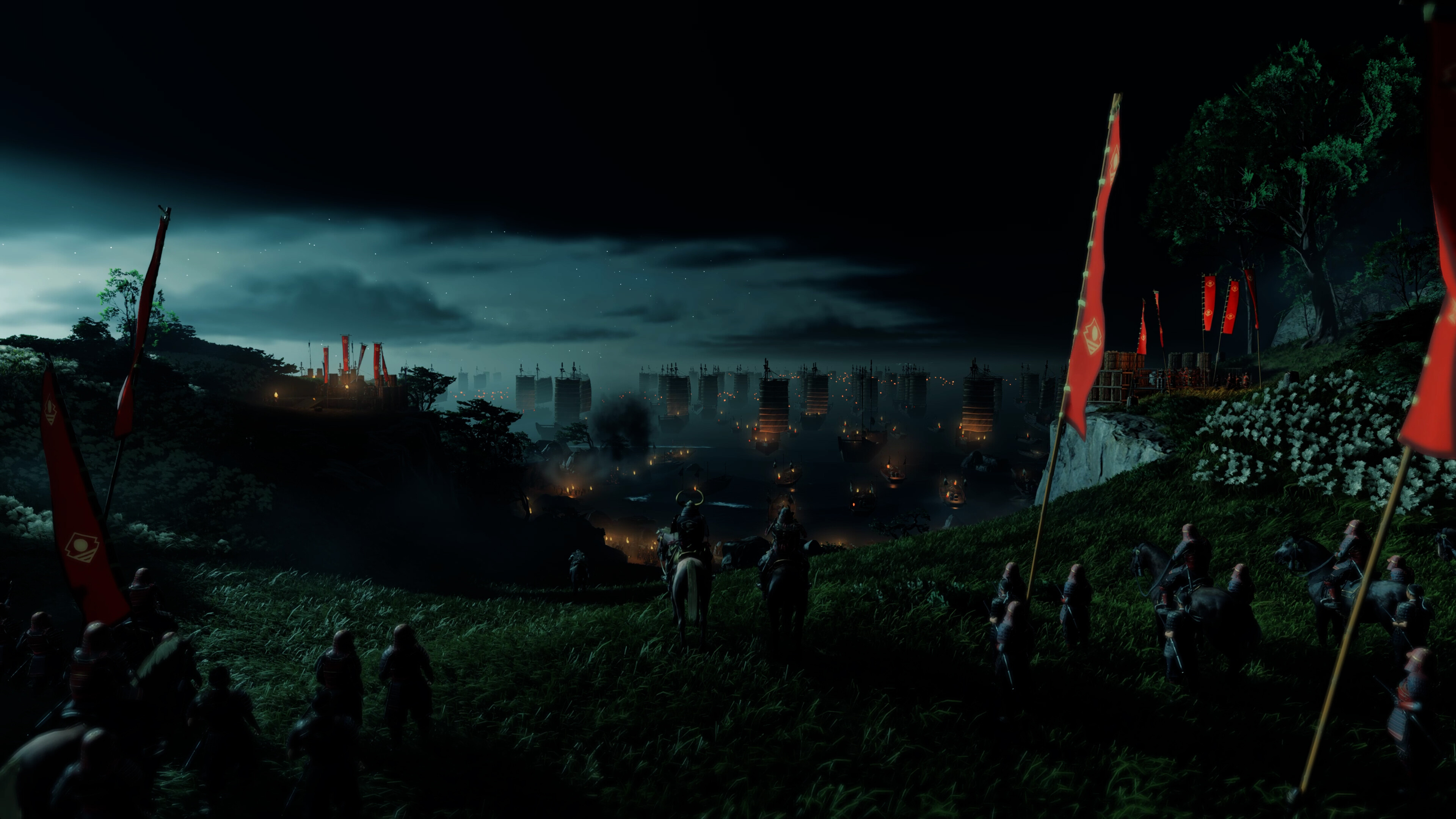 A Mongol encampment on the coast of Tsushima at dusk