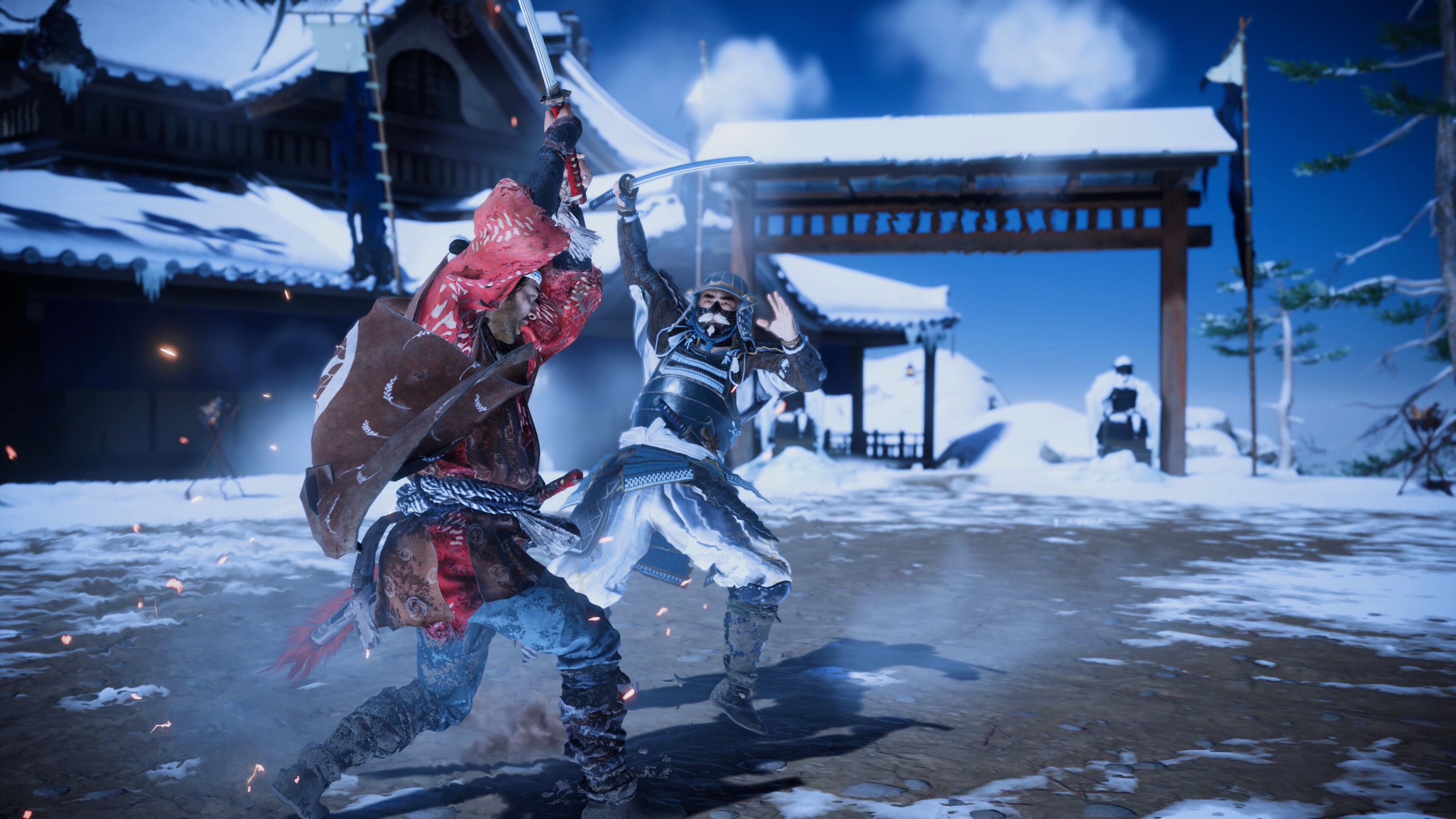 A one-on-one duel staged against a dramatic sky in Ghost of Tsushima