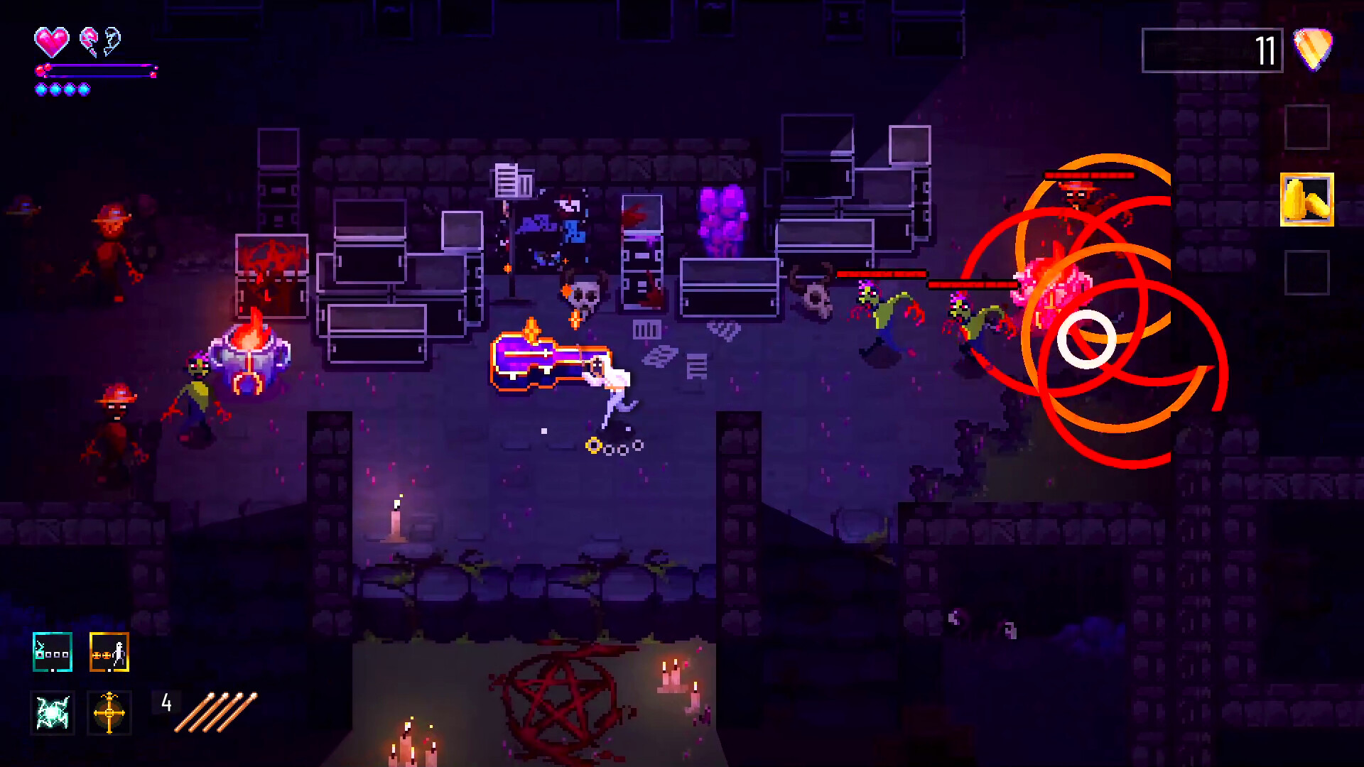 The image shows a pixel art dungeon scene from a video game with a top-down perspective. In the center, a white humanoid character appears to be interacting with or attacking a large, glowing purple and orange rectangular object. Surrounding the character are several zombie-like enemies with green skin and red eyes, some of which have red health bars above them. The environment is dark and eerie, with stone walls, scattered debris, skulls, and candles placed around, including a pentagram symbol drawn in blood on the floor near the bottom. Bright red circular attack effects are visible on the right side of the screen, indicating ongoing combat. Game interface elements such as health, mana, inventory icons, and a currency counter are displayed around the edges of the screen.