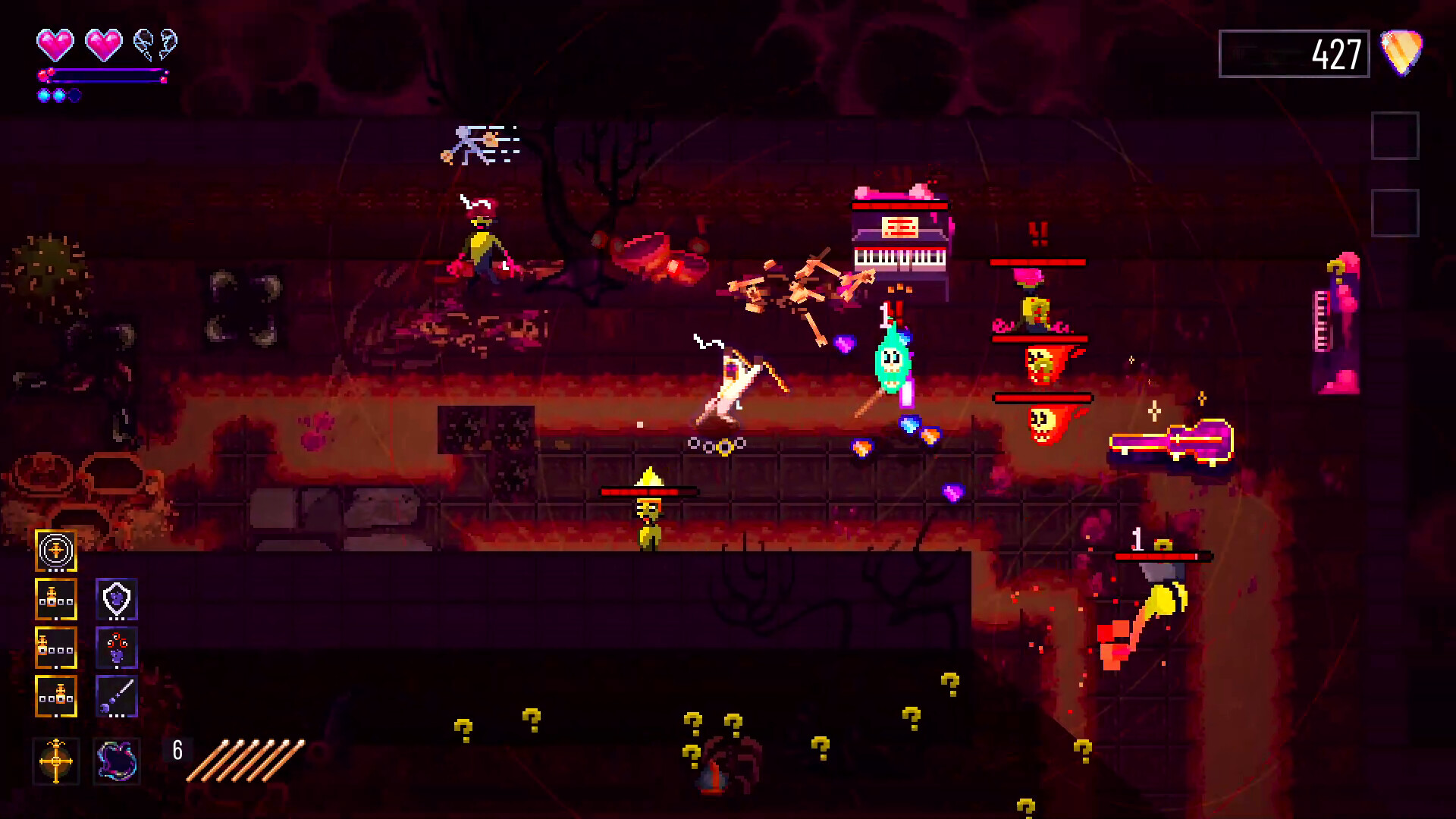 The image depicts a chaotic scene from a pixel art style video game, featuring a dark, dungeon-like environment with a reddish-purple color palette. Several characters and enemies are engaged in combat along a narrow pathway bordered by lava or a glowing hazard. On the left, two heart icons indicate player health, with one heart partially broken, and various icons and ammunition counts are displayed. In the center, a few small humanoid and ghost-like figures are attacking each other, with one character emitting a bolt of energy or projectile. On the right, a purple guitar-shaped object radiates sparkles, possibly a collectible or weapon. Enemies, marked with health bars, display warning symbols above them, adding to the intense action atmosphere. The number 427 and a gem icon appear in the top right corner, likely indicating a score or resource count.