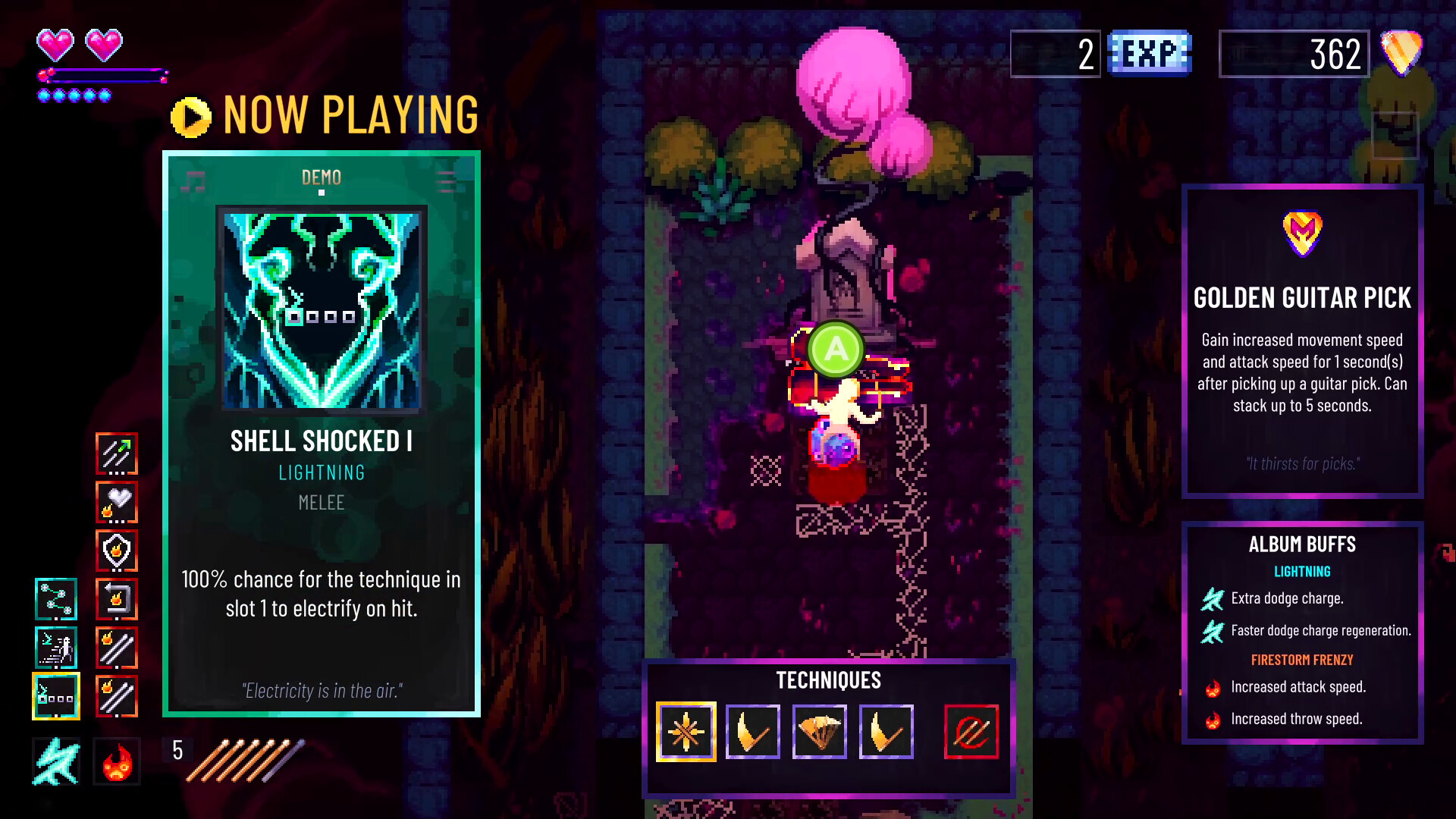 The image shows a pixel-art style video game screen with a dark, moody environment featuring a character standing near a pink tree and a tombstone. The game interface displays various information including a "Now Playing" section highlighting a technique called "Shell Shocked I" with a lightning theme and a 100% chance to electrify on hit. On the right side, details about a "Golden Guitar Pick" item describe its function to increase movement and attack speed temporarily, and "Album Buffs" that grant extra dodge charge, faster dodge charge regeneration, increased attack speed, and increased throw speed. The character appears to be interacting with an object, indicated by a green "A" button prompt above their head.