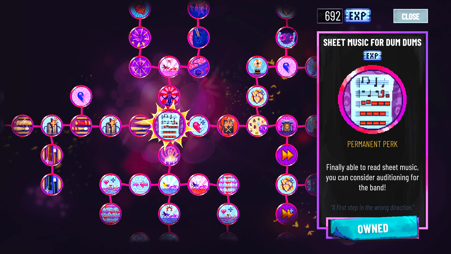 The image shows a colorful skill tree from a video game, with interconnected circular icons representing different perks or abilities. One skill named "Sheet Music for Dum Dums" is highlighted and selected, displaying a detailed description on the right side that reads: “Permanent Perk. Finally able to read sheet music, you can consider auditioning for the band! ‘A first step in the wrong direction.’” The skill tree features bright pink and blue tones with various symbols inside the circles, such as musical notes, hearts, and arrows, set against a dark purple background.
