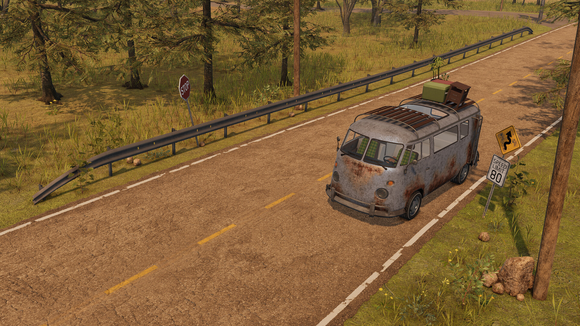 RV parked beside a road and trees