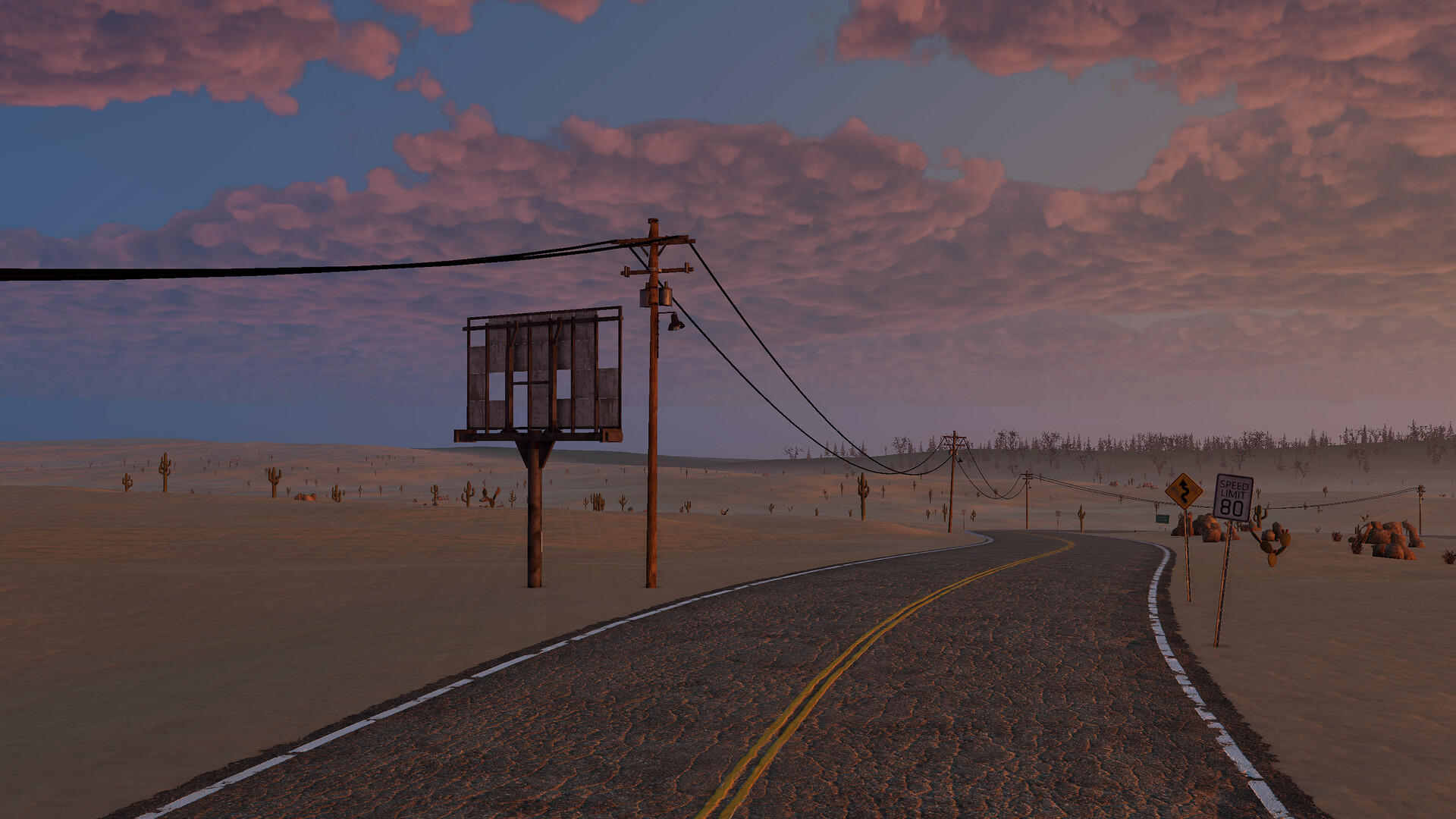 Road crossing a desert landscape beneath power lines
