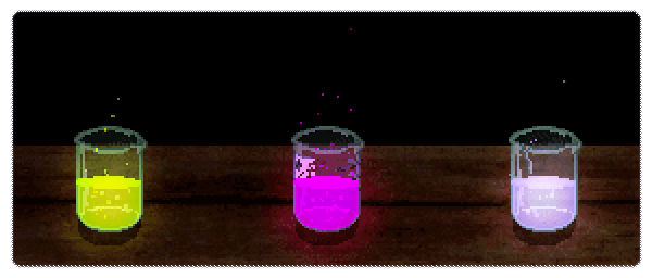 Three glowing potions on a wooden bench