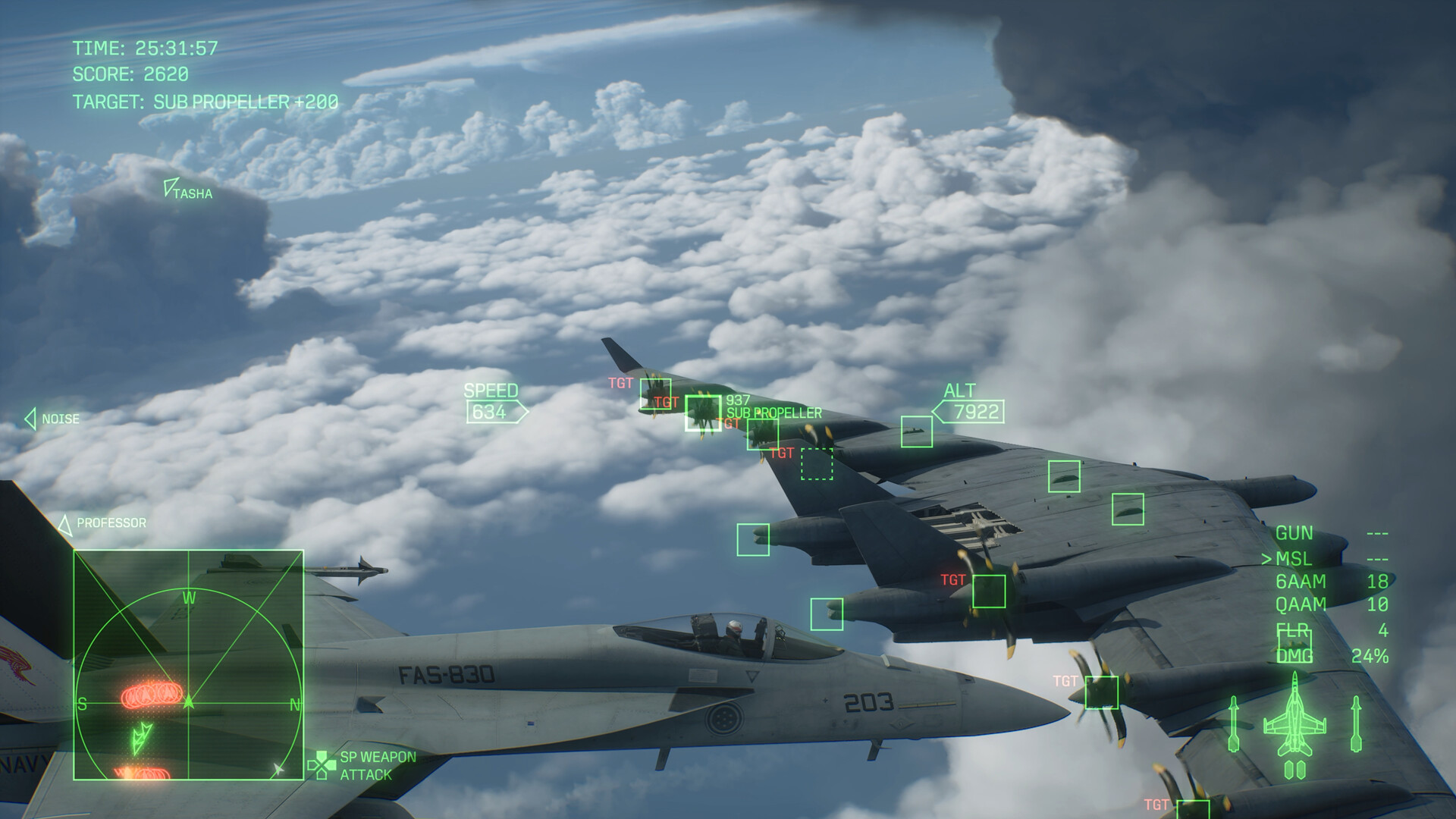 Ace Combat 8 cockpit HUD marking multiple targets on a bomber at once above a cloud layer