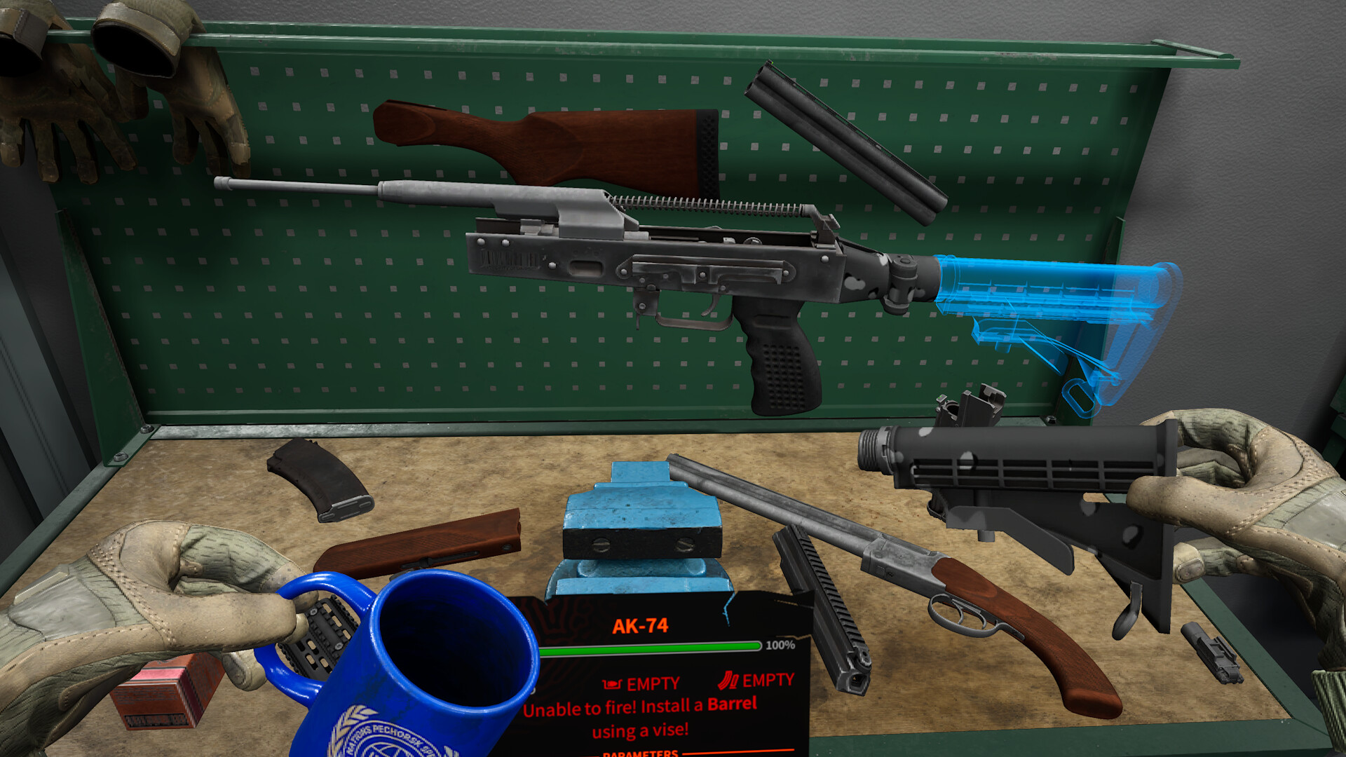 Field stripping an AK-74 at a green workbench in Into the Radius 2, with a replacement stock highlighted in blue