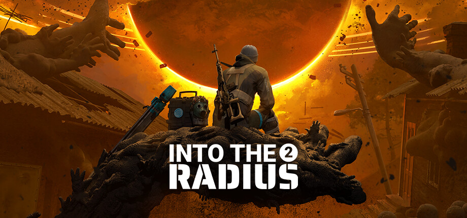 Into the Radius 2 key art, a soldier crouched on a rooftop under a black sun ringed with fire