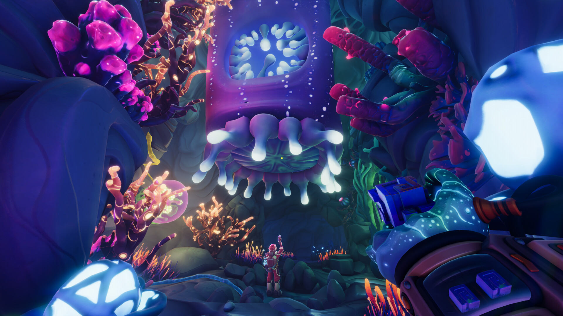 Explorador dentro de una sala de investigación iluminada