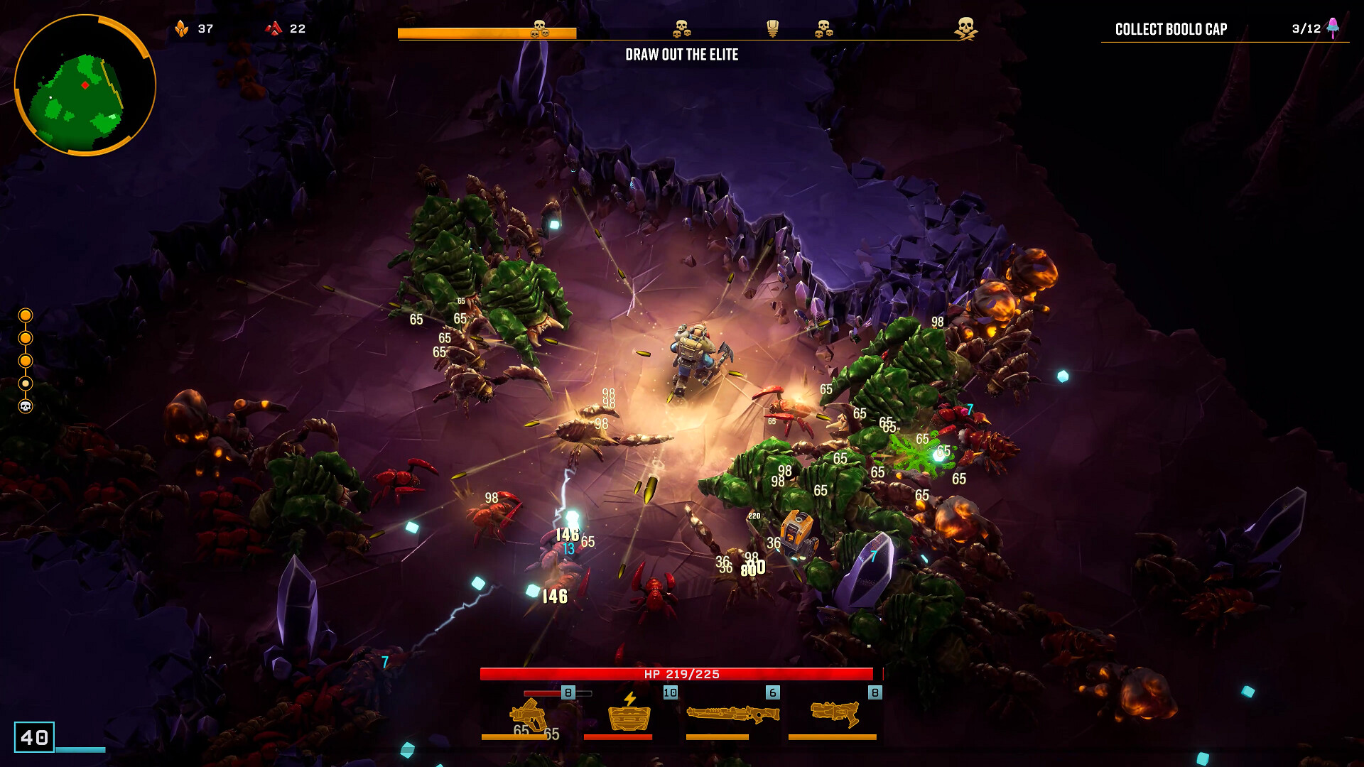 A dwarf clearing a cave of glyphid swarms in Deep Rock Galactic: Survivor
