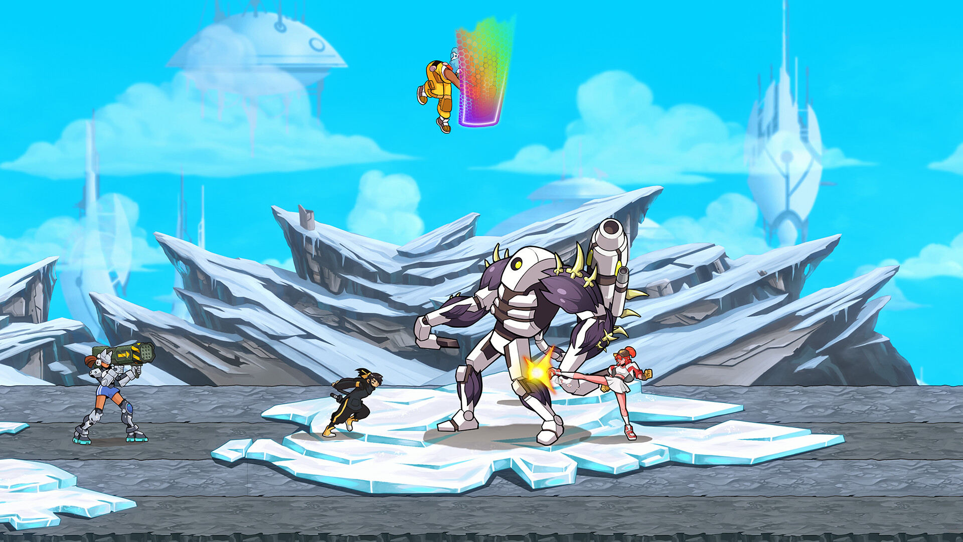 The image depicts an intense battle scene set on a cracked icy platform with jagged icy mountains in the background under a bright blue sky with some clouds. In the center, a large, armored, purple and white robotic creature with spiked armor and a cannon on one arm is being attacked by three human-like characters. On the right, a woman with red hair in a white and red outfit is delivering a powerful kick to the robot's leg, causing a small explosion of sparks. To the left, a character dressed in black with yellow accents is running toward the robot, while another figure in futuristic armor with a large weapon stands poised, ready to shoot. Above the robot, a character in an orange outfit is airborne, seemingly holding onto or interacting with a tall, translucent, hexagonal shield that glows with a rainbow gradient. In the distant background, futuristic structures rise against the sky, adding a sci-fi element to the scene.