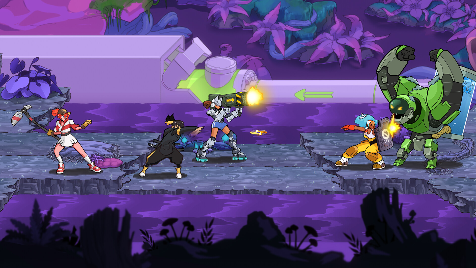The scene depicts a dynamic battle set on a broken stone platform above a purple, liquid-like surface. On the left side, three characters prepare to attack: a woman in a white and red outfit wielding a large axe, a man in dark clothing casting a blue energy blast from his hands, and a woman in futuristic armor firing a large gun that emits a bright yellow muzzle flash. On the right side, a green robotic figure with broad arms raises its fists while a woman in yellow and white gear defends with a shield, which is glowing where the robot's attack connects. The background features large, purple-leaved plants and an industrial pipe with a green arrow, adding a sci-fi and alien atmosphere to the scene.