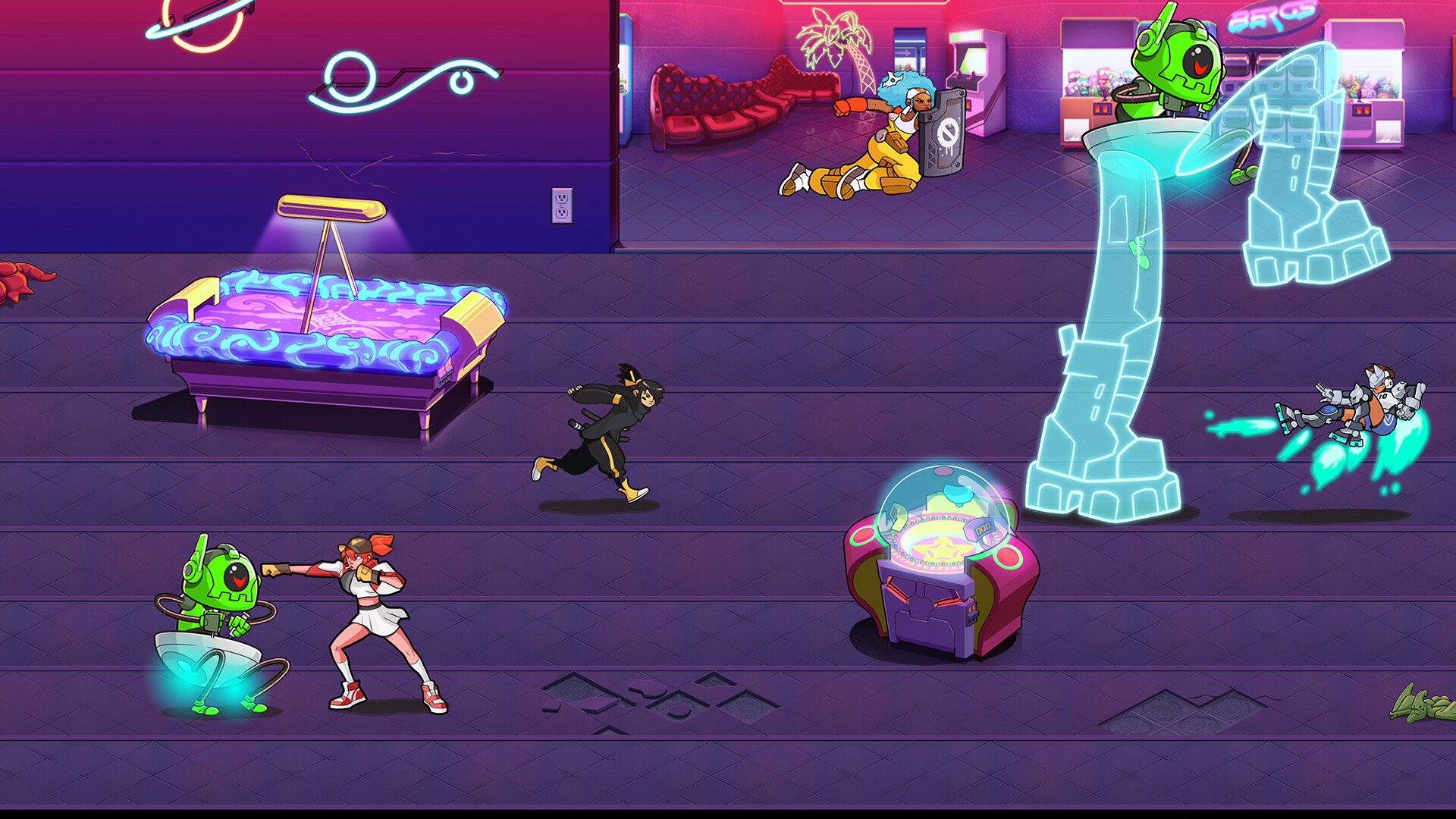 The image depicts a vibrant, futuristic arcade scene with several characters engaged in dynamic action. In the foreground, a woman in a white and red outfit is punching a small green robot with a single large eye, while a figure dressed in black runs nearby. To the right, a large translucent blue robotic figure with glowing outlines towers over a combatant propelled by blue jets from their back. Toward the back, a woman with blue hair and yellow pants is crouched behind a shield in a neon-lit room filled with arcade machines and claw games. The setting features a glowing pool table with swirling blue and purple patterns and neon signs on the walls, conveying a high-energy, sci-fi atmosphere.