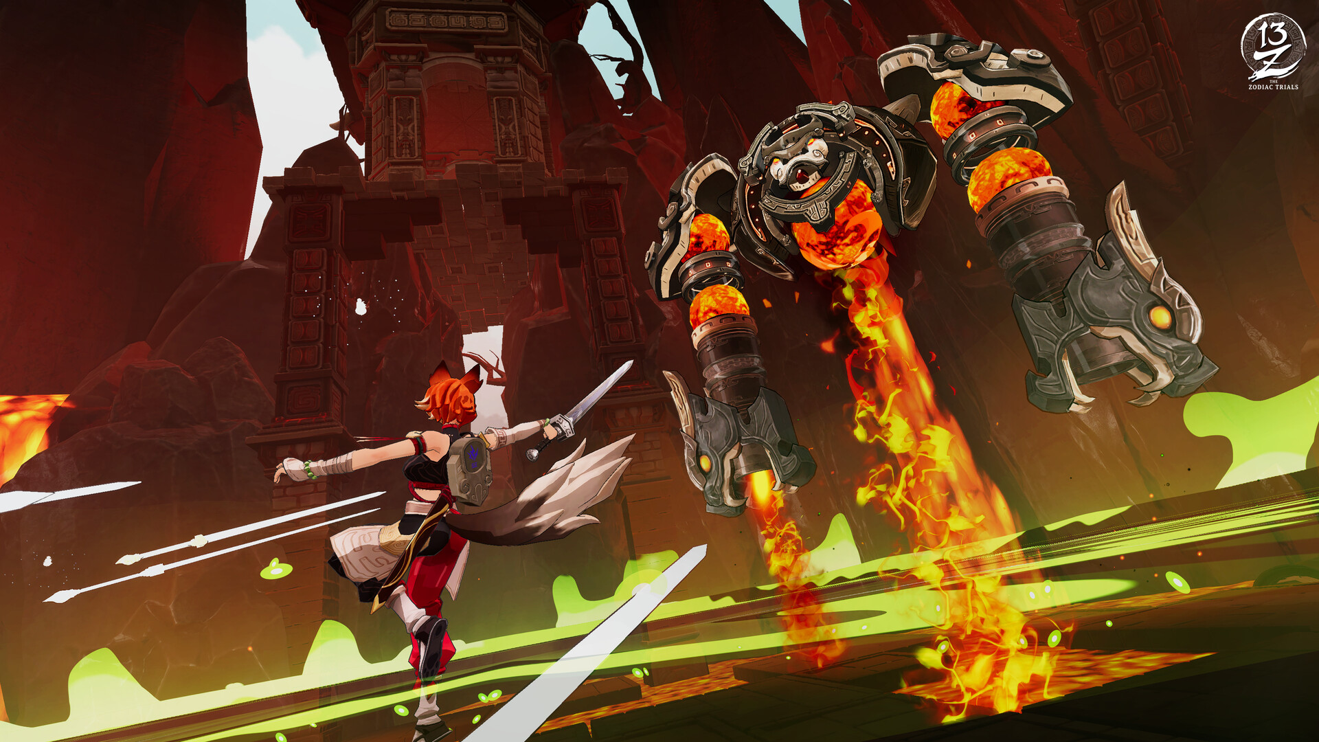 A sword fighter confronting a large enemy in 13Z: The Zodiac Trials