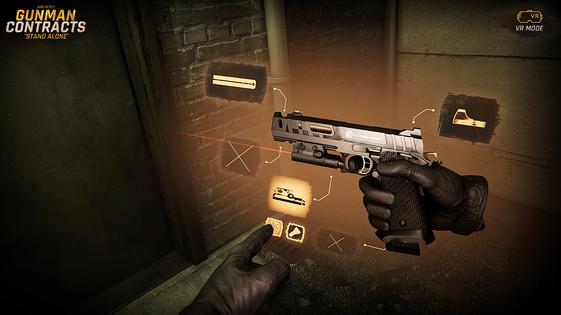Weapon attachment menu in Gunman Contracts Stand Alone, a gloved hand holding a pistol whose slide reads FLYKES ARMS while floating icons for a suppressor, red dot sight, laser and flashlight hang on the brick wall behind it