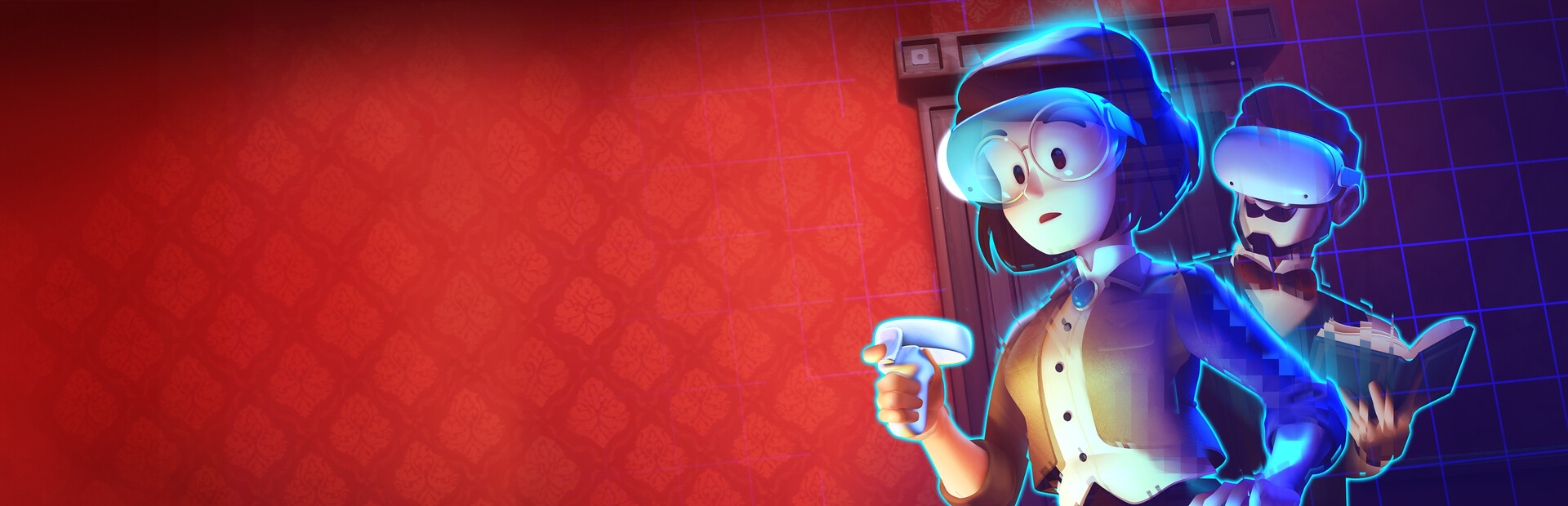 Escape Simulator VR artwork showing two characters wearing Quest headsets outlined in blue against a red wallpapered room