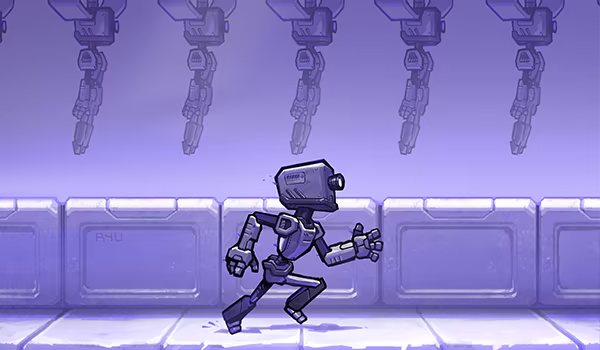 Humanoid robotic protagonist of Self Simulated running in front of versions of its robotic body which are behind glass