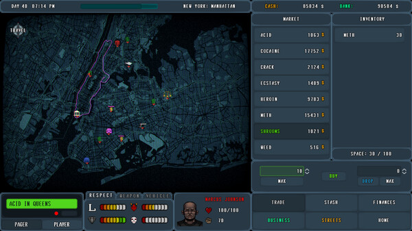 Screenshot of PUSHER - Drug Tycoon gameplay showing in-action mechanics