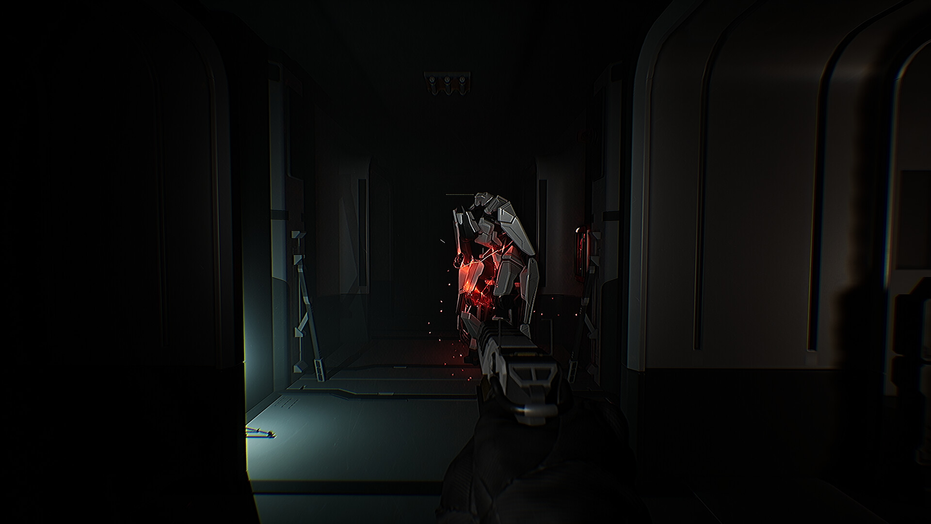 CODE EXIT scene with emergency lighting and metal structures inside an AI-controlled facility