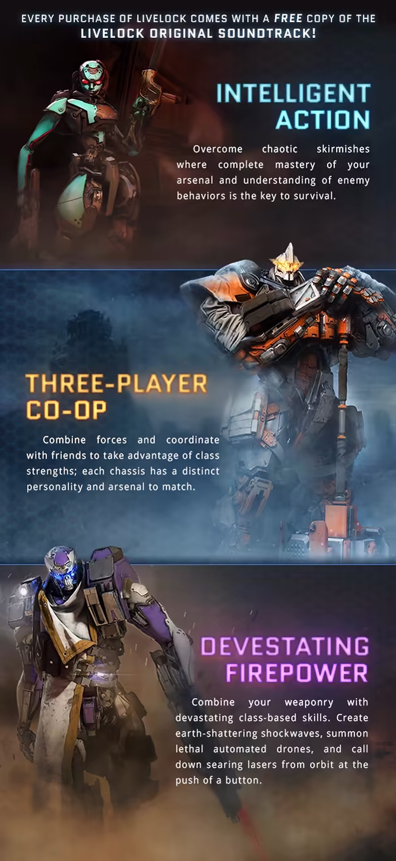 Original character feature panels: Catalyst illustrates Intelligent Action, mastering weapons and enemy behaviour; Vanguard illustrates Three-Player Co-op, combining class strengths with friends; Hex illustrates Devastating Firepower, including shockwaves, combat drones and orbital lasers. The banner states that purchases include the original soundtrack.