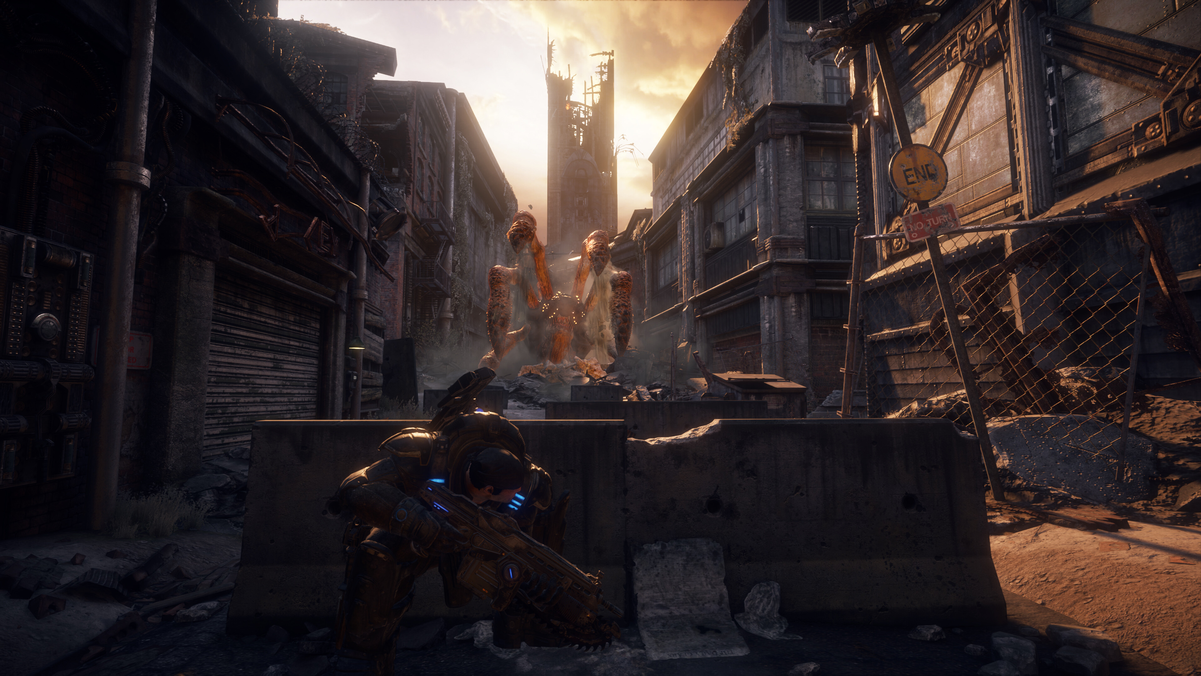 Marcus Fenix taking cover during a firefight in Gears of War: Reloaded