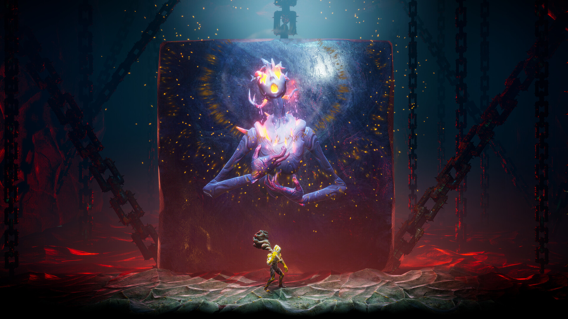 GRIME II combat screenshot showing the Formless fighting enemies in a bizarre organic environment