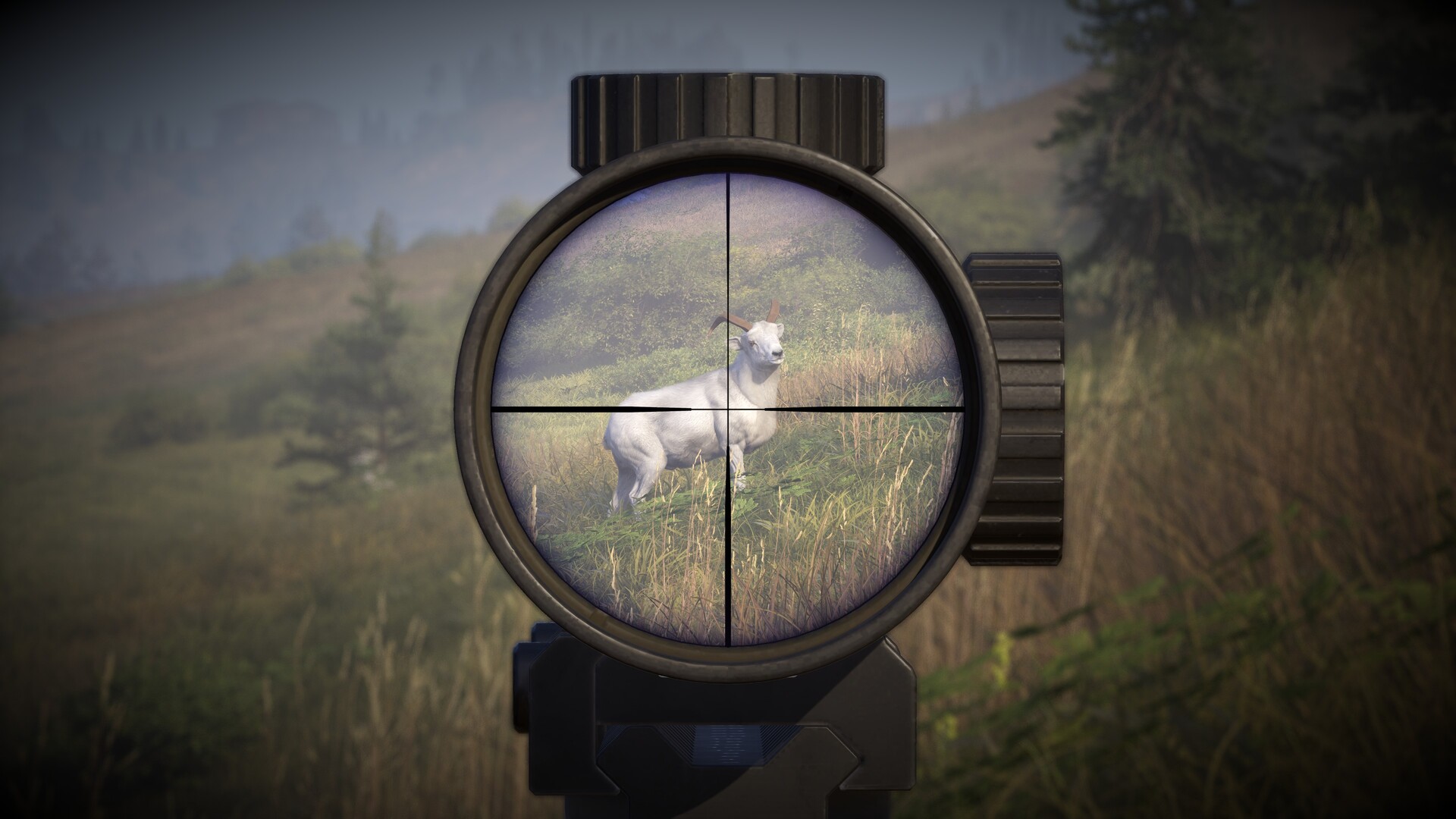 A mountain goat spotted through the scope, one of the species roaming Way of the Hunter 2's open world. Image: Nine Rocks Games.