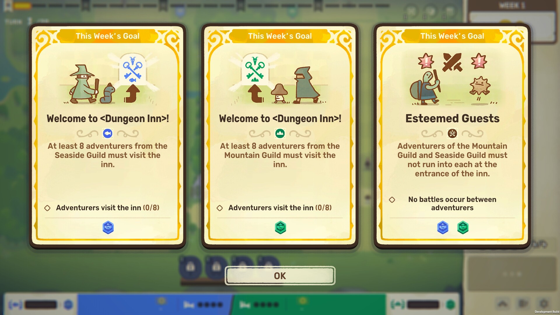 Dungeon Inn weekly goal cards asking for eight adventurers from each guild and no battles at the inn entrance