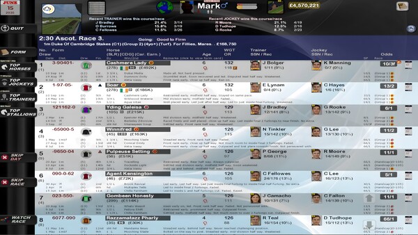 Screenshot of Starters Orders 8 Horse Racing gameplay showing in-action mechanics