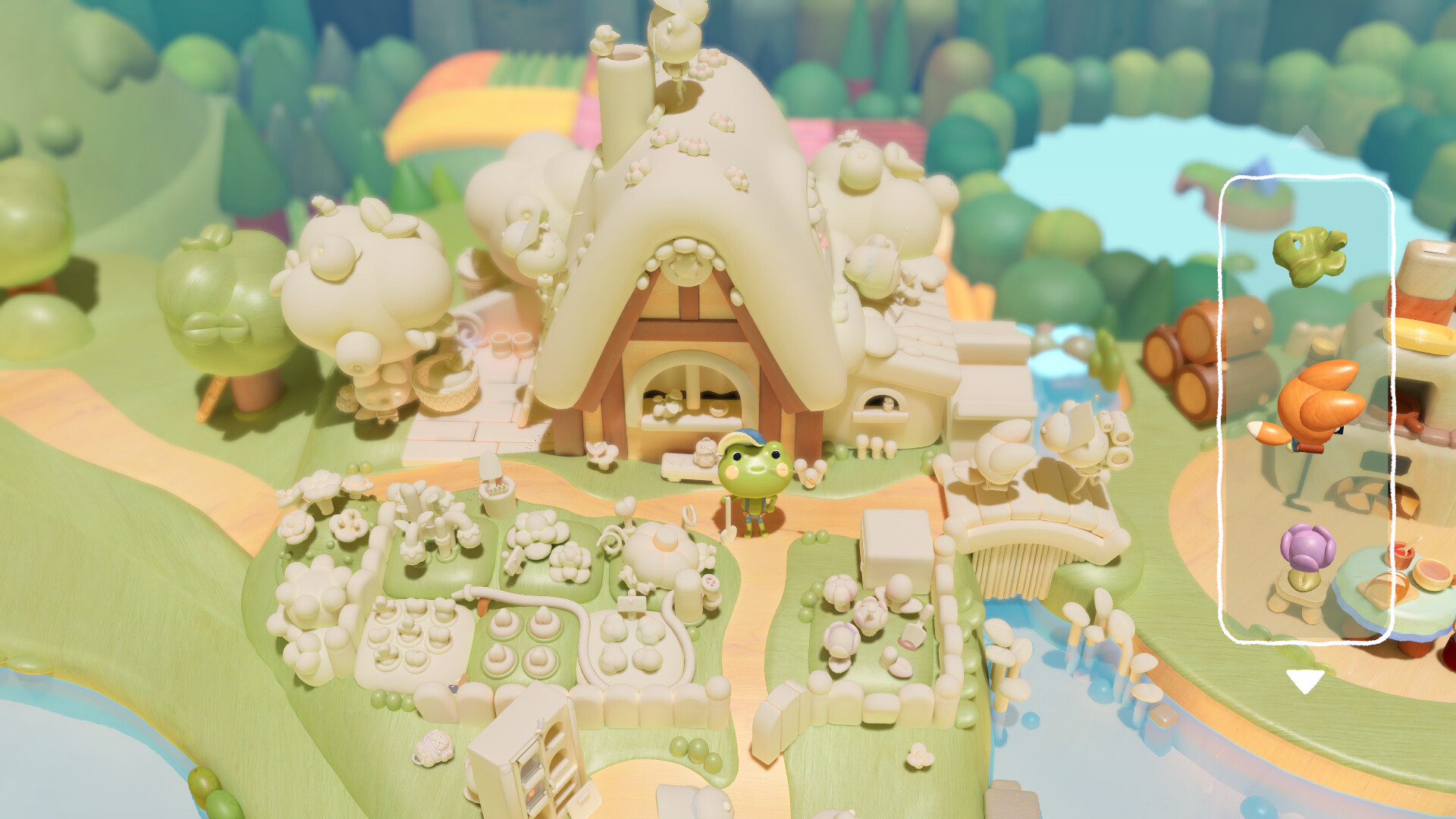 Official Woodo screenshot: Ben the frog in blue overalls before an unpainted cottage with piece tray UI (Steam)