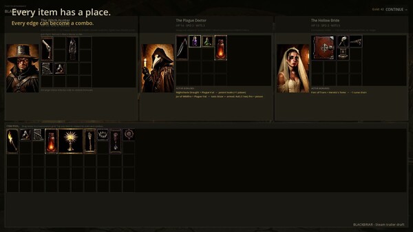 Blackbriar Crypt, a grimdark tactical roguelite where your pack is your character sheet. Place items, trigger adjacency combos, survive turn-based battles, and begin again.
