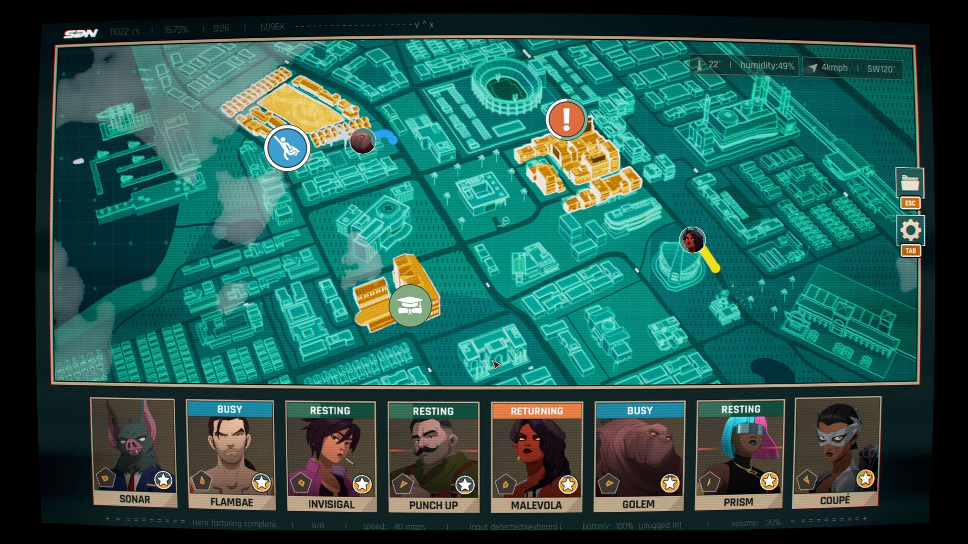 The Dispatch city map screen, with incident markers on a teal grid of buildings and a row of hero cards for Sonar, Flambae, Invisigal, Punch Up, Malevola, Golem, Prism and Coupé marked busy, resting or returning