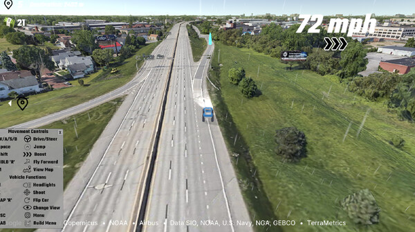 Screenshot of EarthKart: Google Maps Driving Simulator gameplay showing in-action mechanics