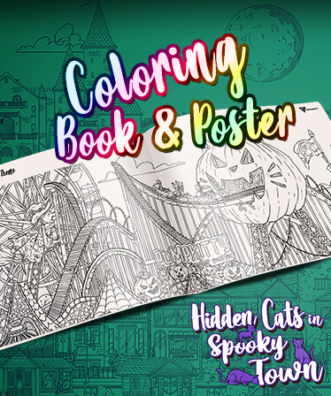 Hidden Cats in Spooky Town - Printable PDF Coloring Book and Poster