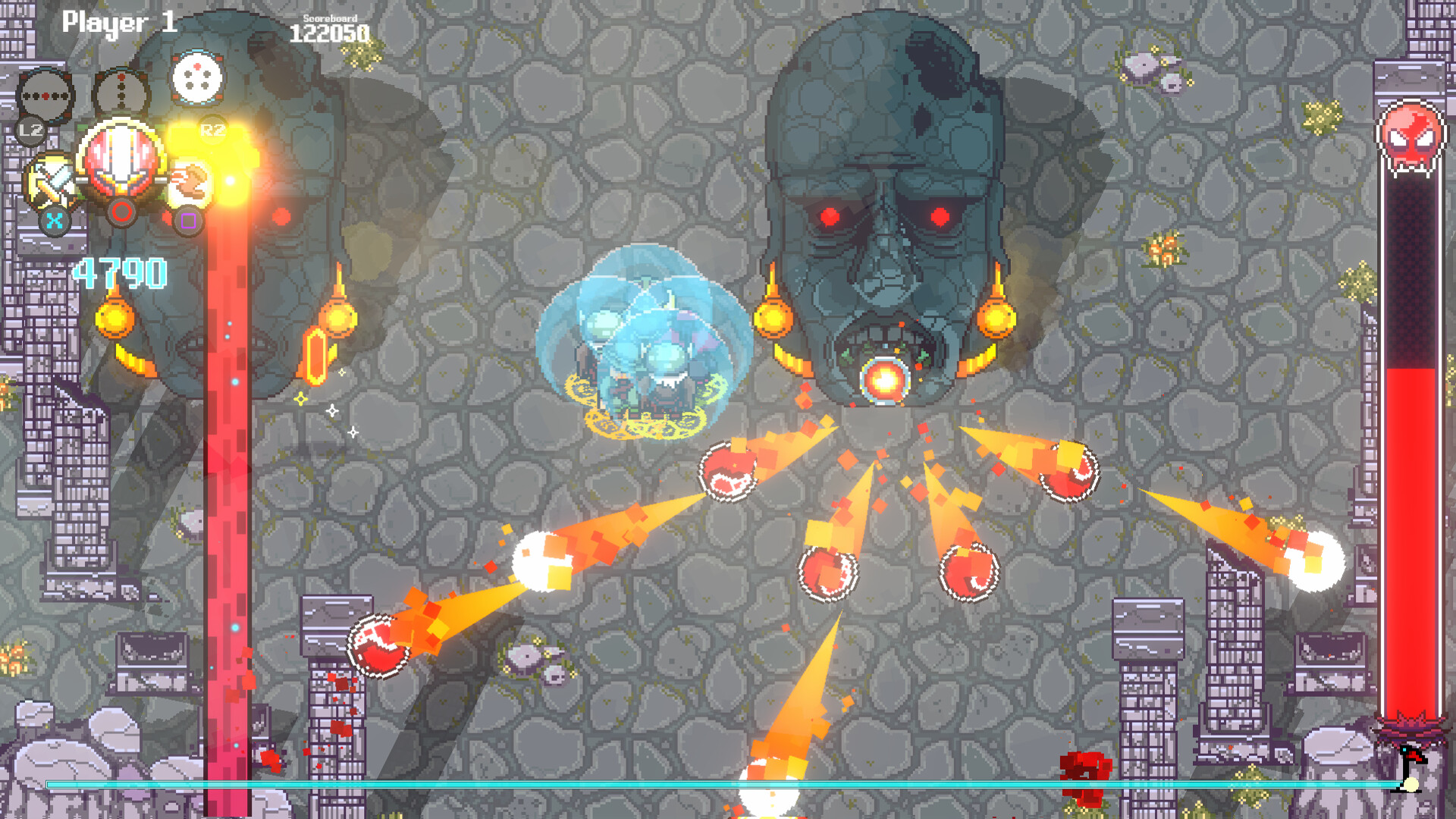 The image shows a pixel-art style video game scene featuring a battle against a large stone head with glowing red eyes and golden earrings. The stone head is shooting multiple fiery projectiles in various directions toward the player character, who is protected by a set of blue energy shields and is positioned slightly left of center. The background consists of a cobblestone floor with broken columns and scattered debris, suggesting a ruined temple or ancient battleground. The game interface includes a score and player status displayed at the top left, with a health or boss meter on the right side nearly half depleted.