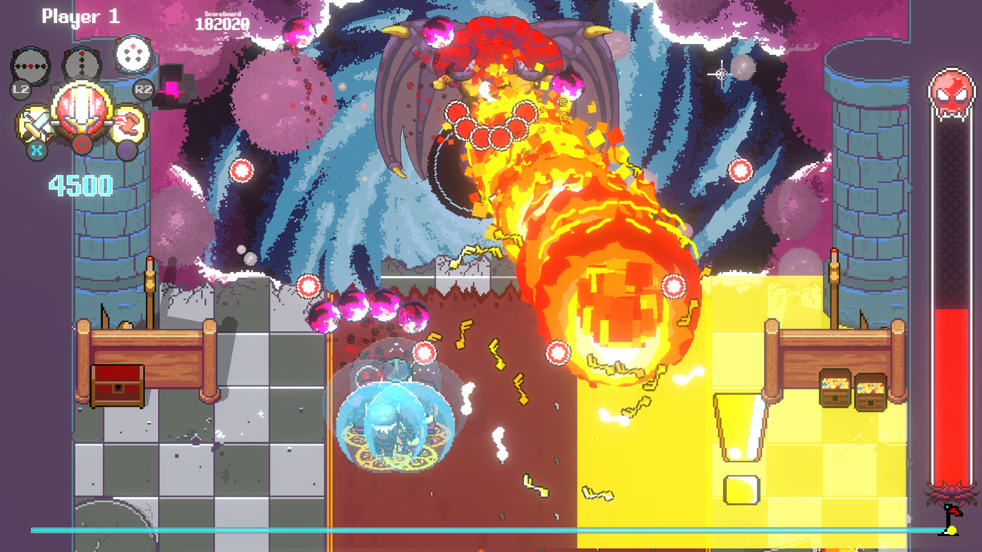 The image shows a vibrant, pixel-art style video game scene featuring a fiery dragon-like boss spewing a large, bright orange and yellow fireball across a divided floor with red, gray, and yellow tiles. The dragon has red scales, dark wings, and is emitting multiple glowing purple orbs around its head. A player character, encased in a blue protective bubble with intricate designs, is positioned near the bottom center, facing the boss while dodging circular red projectiles scattered across the screen. The interface displays player stats on the left, including health or skill icons, a score of 182,020 at the top, and a vertical boss health bar on the right marked with a red skull at the top.