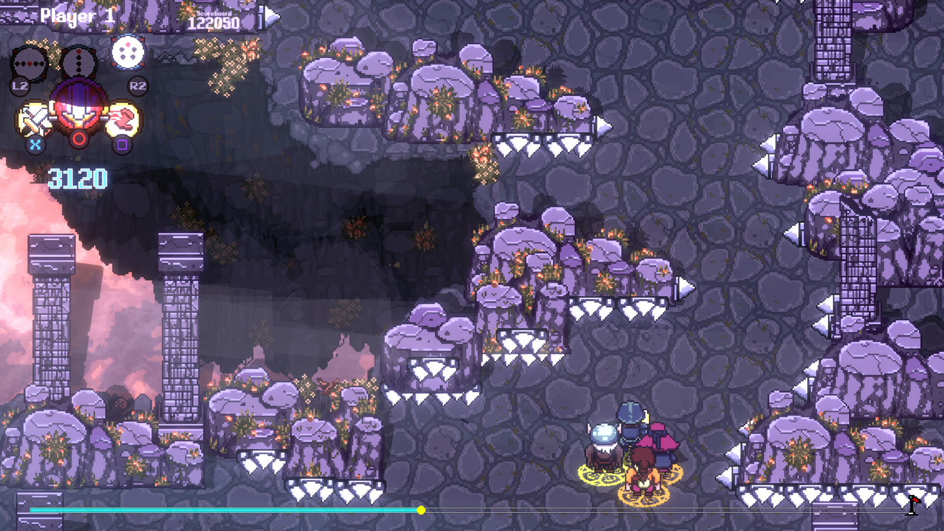 The image shows a pixel art-style video game scene set in a rocky, cavernous environment with purple stone platforms and jagged, white spikes protruding from the edges. Three small characters stand close together at the bottom right, each highlighted by a glowing circle beneath their feet, suggesting they are player-controlled or allies. The background consists of a dark, cracked stone floor and walls, with some vegetation growing on the rocks. In the top left corner, a user interface displays game information including "Player 1," a score of 122,050, and various icons representing abilities or items.
