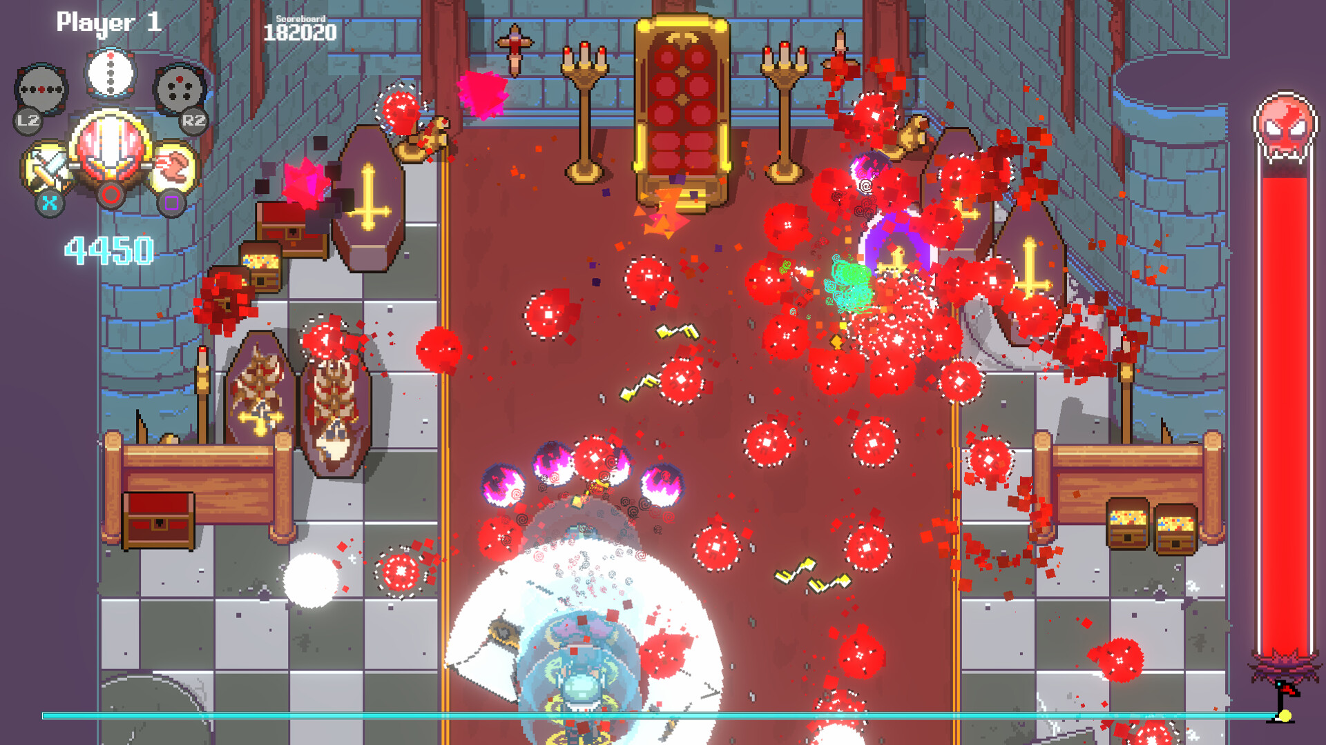 The image shows a top-down view of a pixel art style video game scene set inside a medieval castle room with stone walls and checkered tile flooring. The room features various objects including two wooden coffins with glowing yellow crosses, a treasure chest, two tall candle holders near an ornate red and gold throne, and small barrels or chests along the sides. Bright red projectiles and explosions fill the room, indicating intense combat, while the player character appears to be firing or defending amidst the chaos, shown by a glowing shield effect near the bottom center. A health bar with a red skull icon runs vertically along the right edge of the screen, and game interface elements such as player controls, score, and abilities are displayed on the left side.