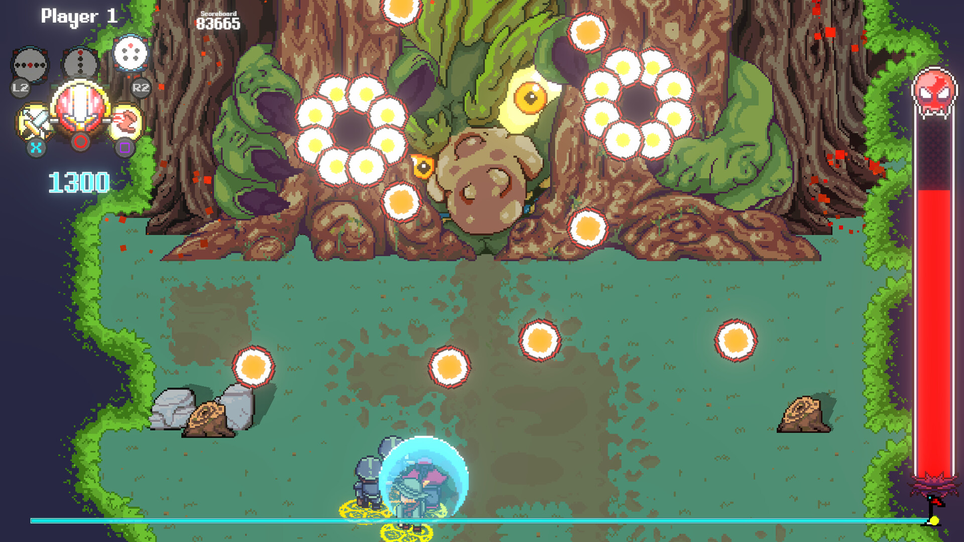 The image shows a pixel-art style video game scene featuring a large, menacing tree creature with glowing yellow eyes and gnarled green and brown bark, positioned at the top center. The creature is shooting circular, glowing projectiles arranged in flower-like patterns toward the bottom of the screen where a small armored character is standing inside a glowing blue shield. The background includes green grassy edges and patches of dirt, with a red vertical health bar on the right side almost full. Game interface elements, such as player score, icons, and controls, are displayed in the upper left corner.