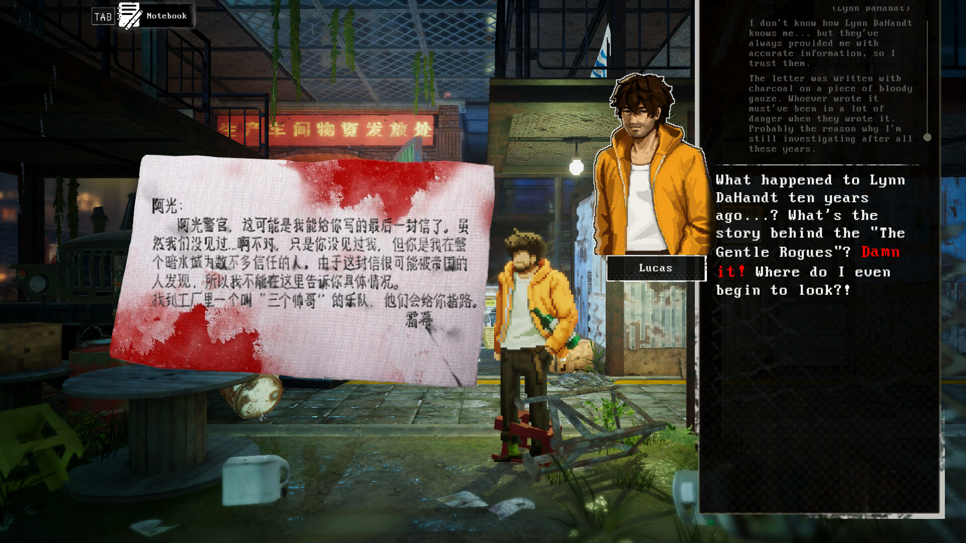 Kill The Shadow gameplay showing the neon-soaked streets of Dark Tide City