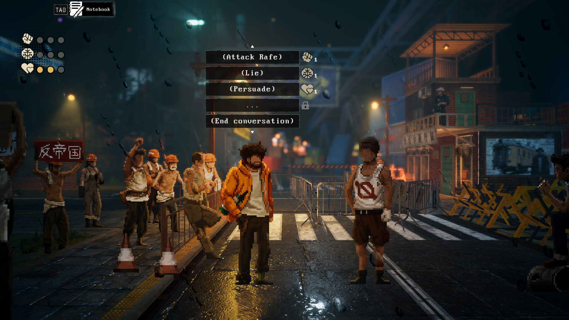 A dialogue scene with the shadow creature clinging to Lucas's back