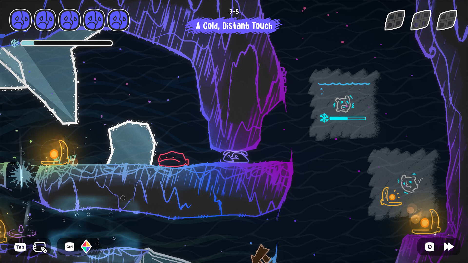 Official MONOWAVE screenshot: A Cold Distant Touch cave with red Anger and purple Sorrow spirits under a rock overhang (Steam)