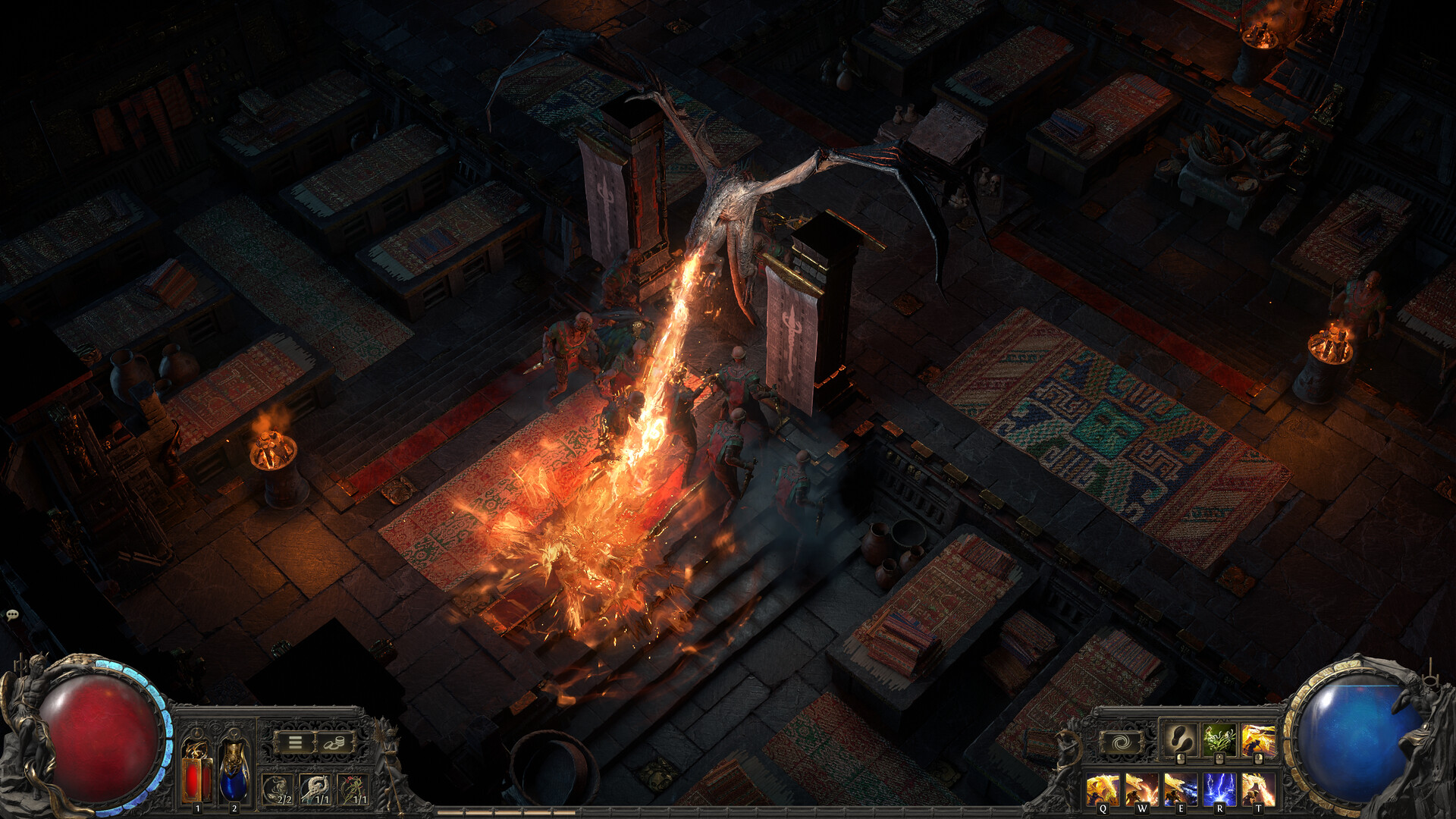 A Path of Exile 2 character casting a fire spell against a winged demon inside a temple interior