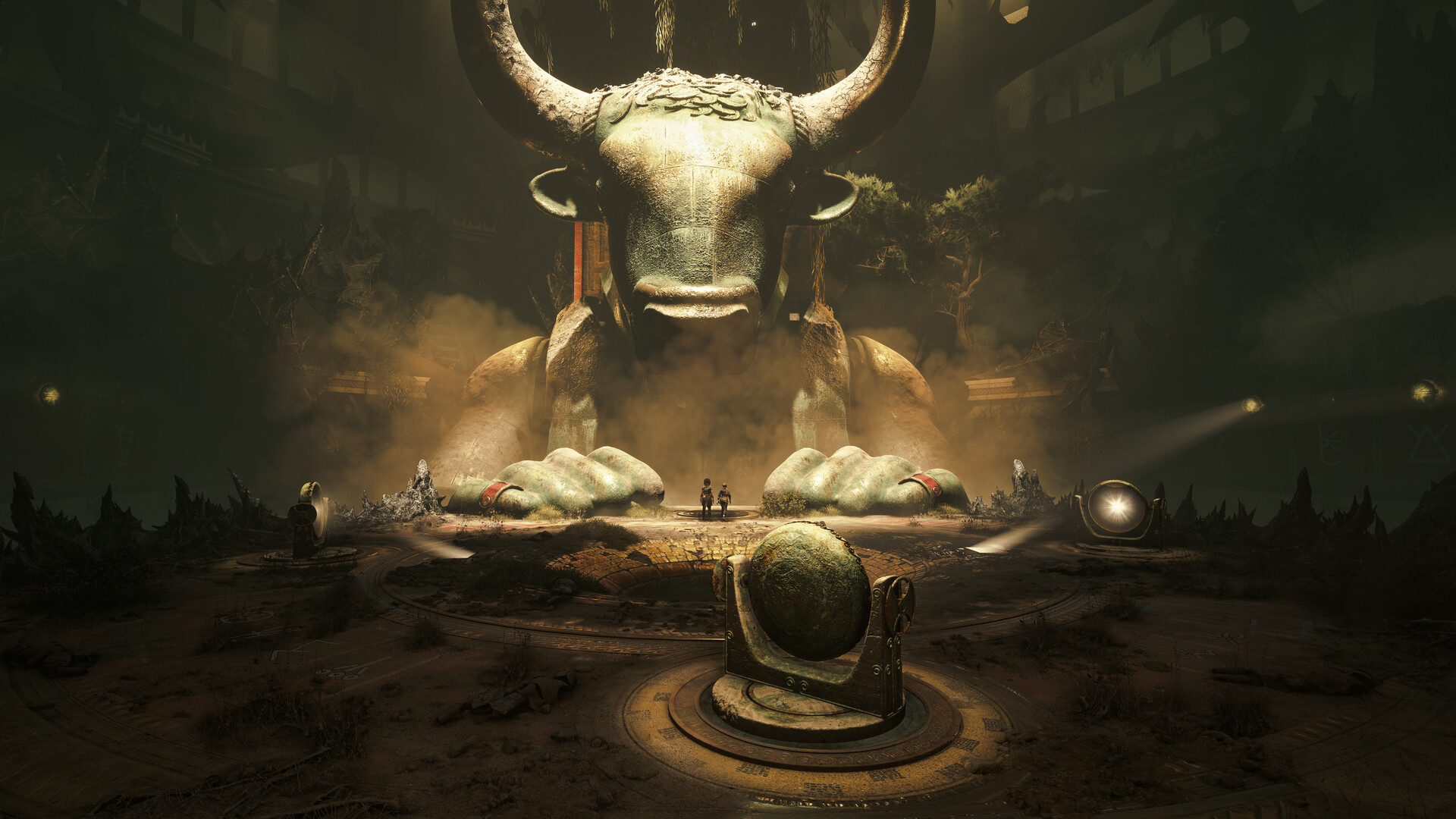 Sophia and a companion stand before a colossal Minotaur statue in Resonance: A Plague Tale Legacy