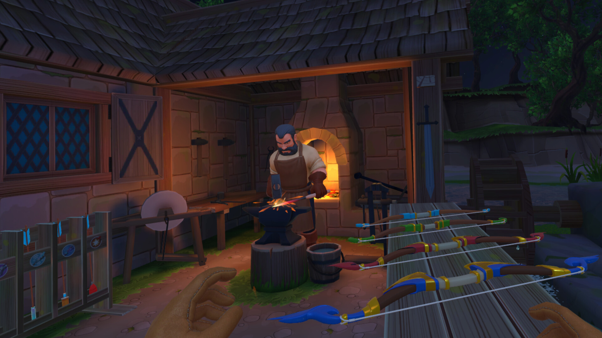 Blacksmith forging a weapon, there are various bows and arrows around his outdoor workshop