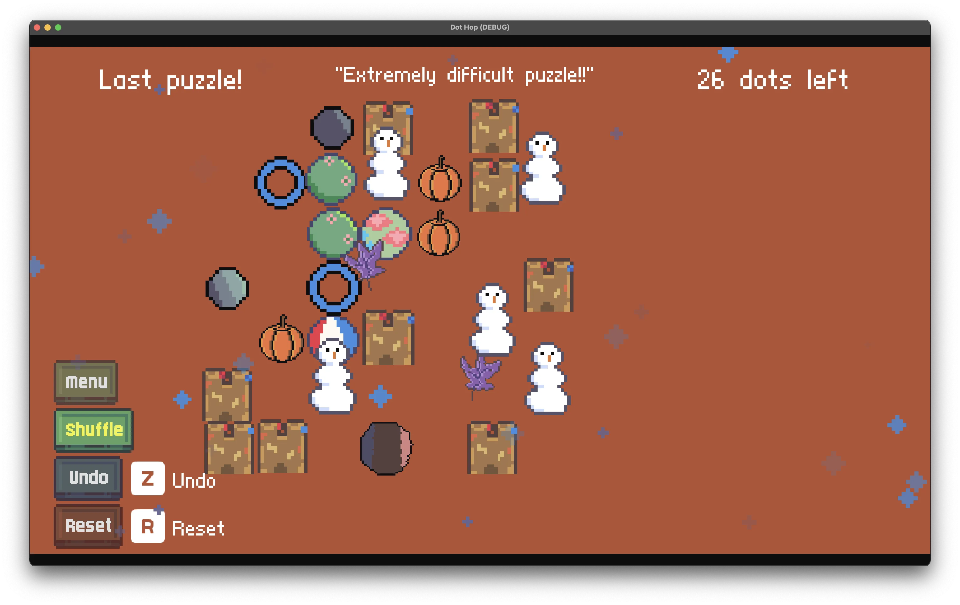 Dot Hop's hardest puzzle with the "All The Dots" theme. Pumpkins, Snowmen, Sandcastles, space rocks, and blue circles fill a grid.