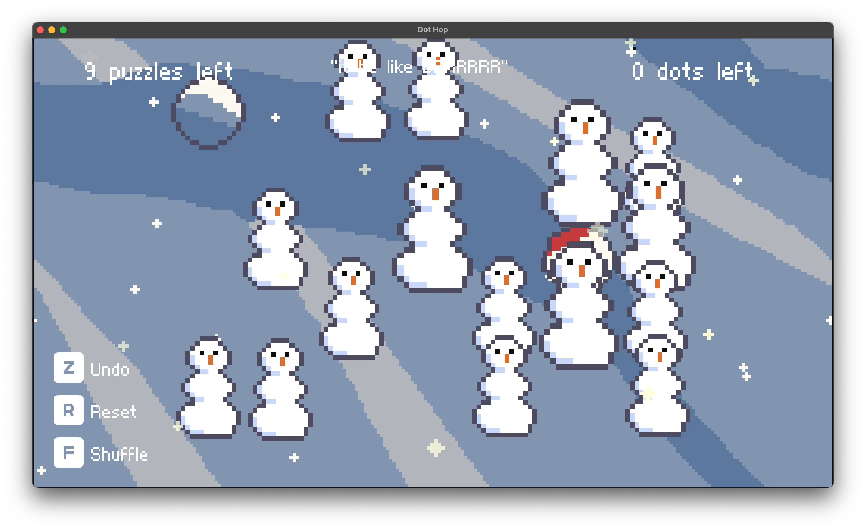 Dot Hop's snow theme - hop across snowmen to reach the goal.