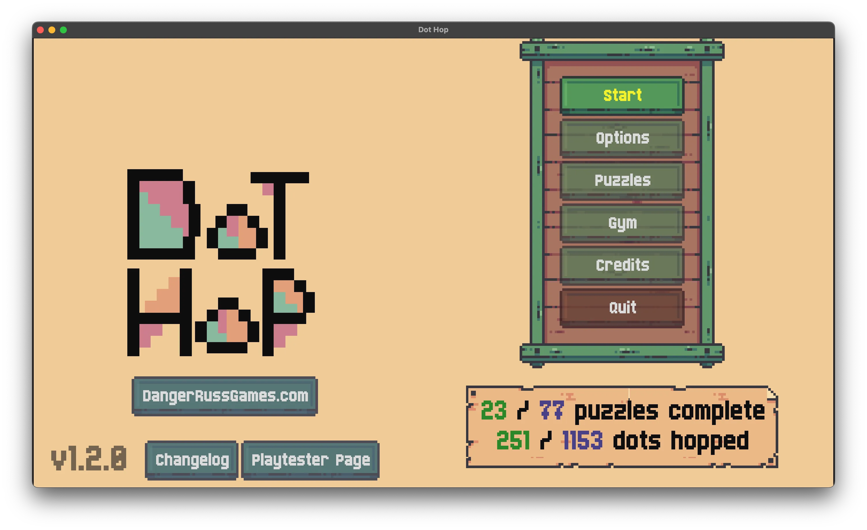 Dot Hop's main menu. Buttons read: Start, Options, Puzzles, Gym, Credits, Quit.