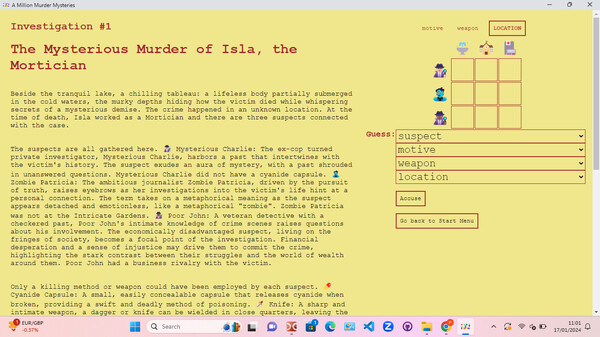 Screenshot of A Million Murder Mysteries gameplay showing in-action mechanics